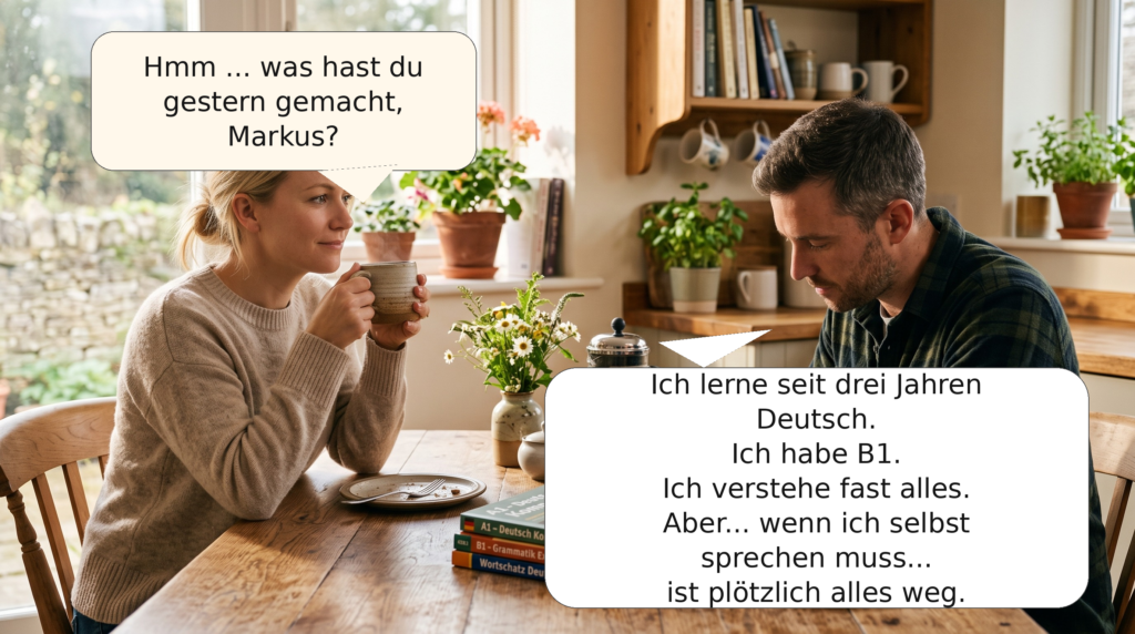 Deutsch verstehen, aber nicht sprechen: Ein Deutschlerner sucht nach den richtigen Wörtern im Gespräch.